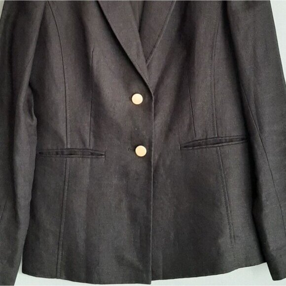 LAURA / 100% Linen Fabric Classic Blazer Jacket Button Front Neutral Black Sz 4 - Picture 3 of 15